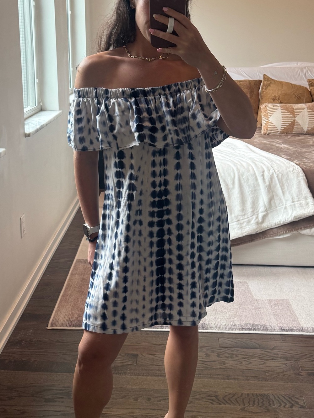 Cover Me Blue and White Tye Die Off the Shoulder Dress